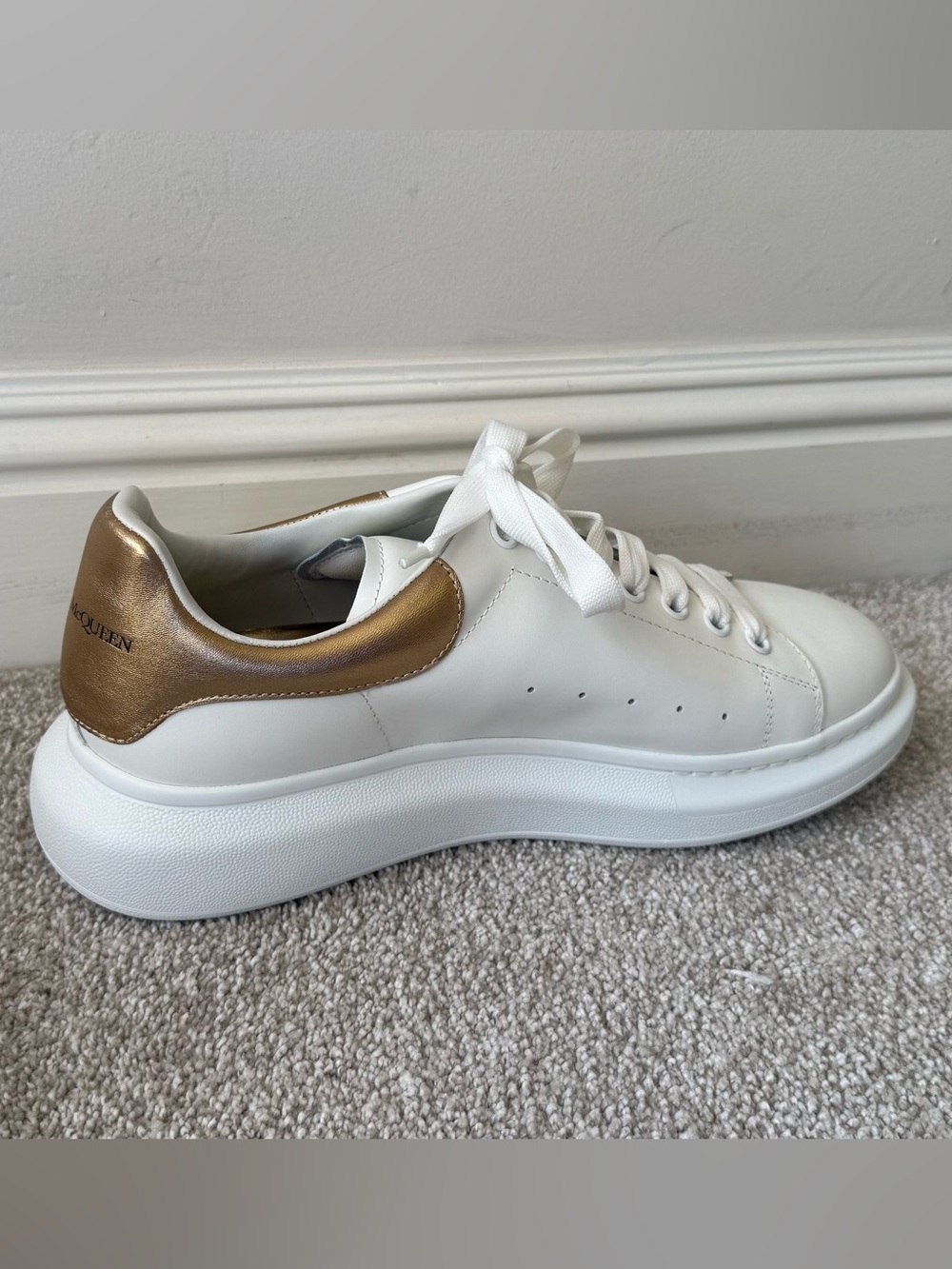 New Alexander McQueen White Leather Sneaker with Metallic Gold Heel Size 11